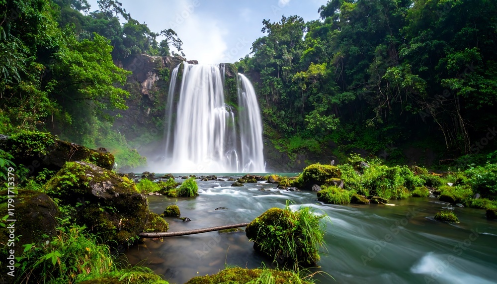 Fototapeta premium Lush waterfall cascading into a tranquil pool surrounded by dense green jungle
