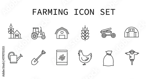 Farming agriculture icons set vector illustration farm harvest rural elements outline drawing