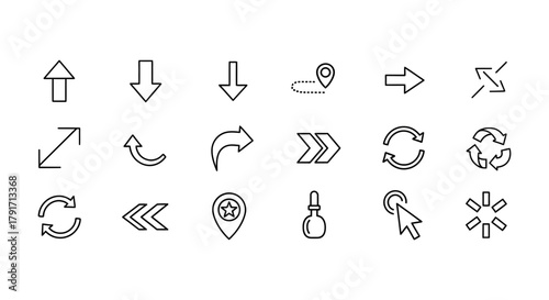 Collection of arrow icons navigation direction pointers refresh recycle location and cursor set