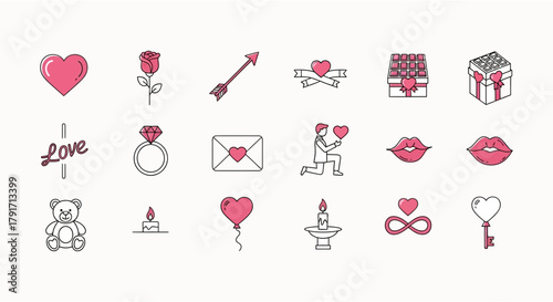 Valentine's day love icons romantic elements heart rose gift arrow kiss and proposal design