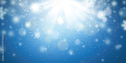 Winter vector background, rays and radiance of the sun, blur and bokeh effect, blizzard and snowfall, banner