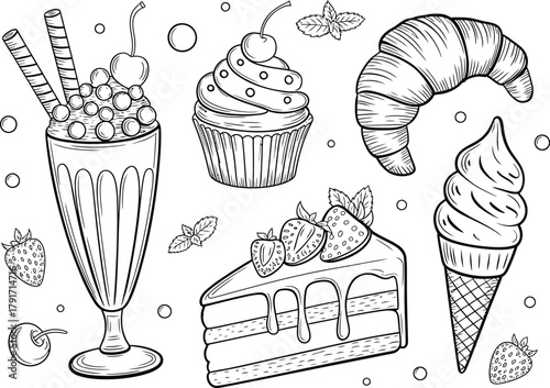Hand drawn black and white sketch of delicious desserts including ice cream cake and croissant