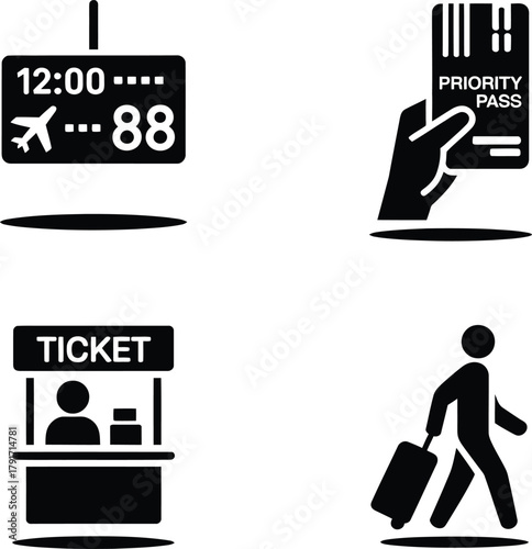Set of four black and white travel icons representing airport departure board ticket booth and boarding pass