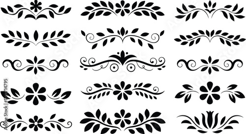 Collection of elegant black floral and leaf ornamental dividers and borders