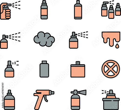 Collection of spray bottle and aerosol can icons representing various spray applications and products
