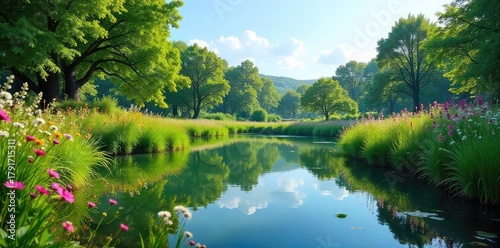 Serene pond reflecting lush greenery and clear blue sky, surrounded by vibrant wildflowers and tall grasses Tranquil nature scene perfect for relaxation and escapism , spring, scenery