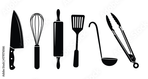 Black silhouettes of kitchen tools including knife whisk rolling pin spatula ladle and tongs