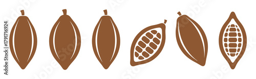 Cocoa pod silhouette collection isolated on white background. Cacao beans food ingredients
