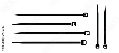 Collection of cable ties, plastic fastener, self locking element, wire strap, binding tool.