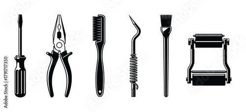 Collection of cleaning tools and repair instruments. screwdriver, pliers, brushes, scraper.