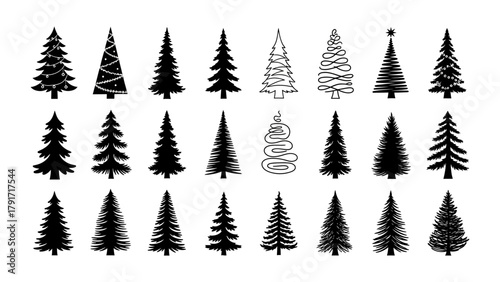 Collection of diverse Christmas and pine tree silhouettes for holiday designs and winter landscapes