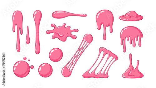 A vibrant collection of pink bubble gum drips, sticky stretchy goo, and sweet candy splatters