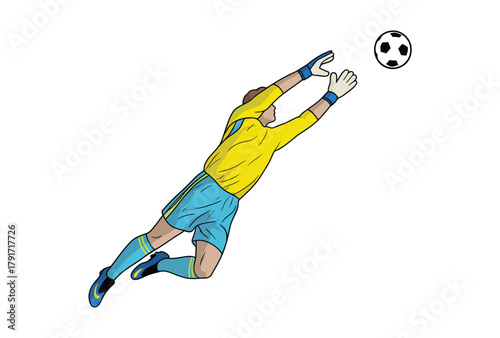 Athletic soccer goalkeeper diving save, stopping a goal attempt with outstretched hands, dynamic sports action moment, professional football match illustration.