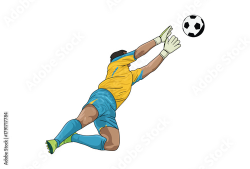 Athletic soccer goalkeeper diving save, stopping a goal attempt with outstretched hands, dynamic sports action moment, professional football match illustration.