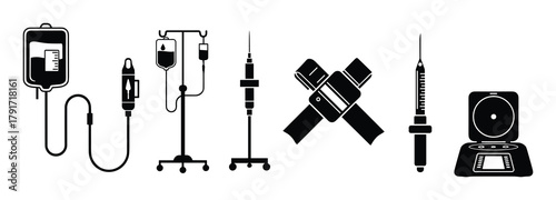 Collection of medical equipment, infusion bags, intravenous drip, syringe on white background.
