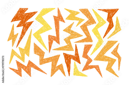 Crayon Lightning and Thunder Chalk Icons Set. Vector Charcoal Elements Hand Drawn Doodle Zig Zag Shapes of Lightning Bolt in Yellow Color in Kids Style.