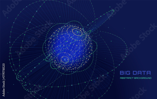 Abstract digital 3D sphere from big data in algorithm frames. Quantum computing concept on dark background.  Blockchain from boxes сoncept. Artificial intelligence design.