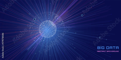 Abstract futuristic data massiv with sphere from rays connecting color circles on dark. Sphere in array data. Concept visualization for technology, analytics and science