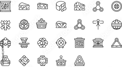 Line icon set featuring abstract concepts, food items, and diverse objects for graphic design and web interfaces. Vector