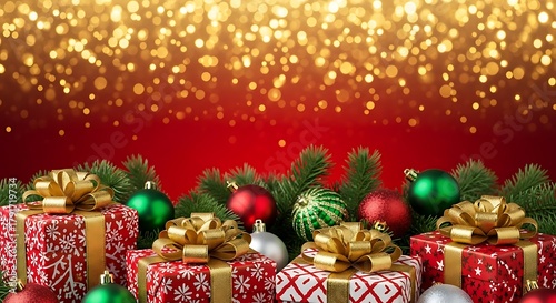 Festive Christmas presents with golden bows and ornaments create a joyful holiday scene against a bokeh background perfect for holiday marketing