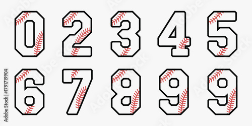 Baseball uniform number icon set, numbers 1 to 9, clipart style, isolated on white background, sports team jersey design illustration.