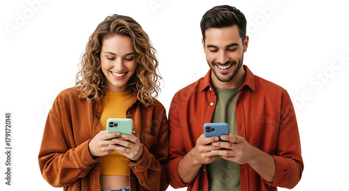 Smiling Couple Using Smartphones Cell Phone Communication Social Media Connection