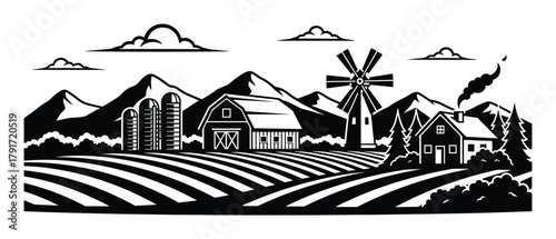 Farm landscape with fields, mountains, and farm buildings. Agriculture panorama scene.