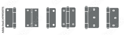 Gray metal hinge vector design element. Door hardware components presented in various angles