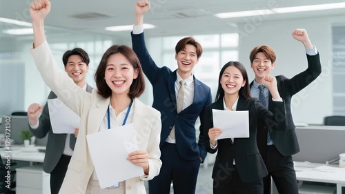 A happy team office success business asia corporate career teamwork achievement celebration modern office joyful asian coworkers and corporate people unite, cheering project achievement with energy