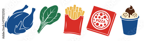 Icons of a chicken, spinach, french fries, pizza box and ice cream for restaurant