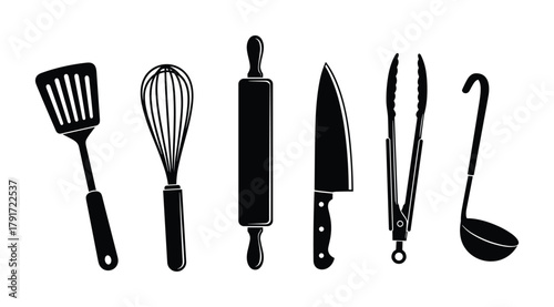 Kitchen tools vector illustration. Set of cooking utensils isolated on white background. Spatula, whisk, rolling pin, knife, tongs, and ladle.
