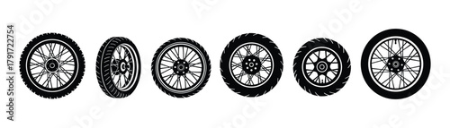 Motorcycle wheels isolated on white background. Bike tire and rim icon collection