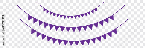 Colorful Party Flags With Confetti And Ribbons Falling On Transparent Background. Celebration Event & Happy Birthday. Multicolored. Vector illustration Gold and Violet color. EPS 10.