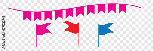 Celebrate hanging triangular garlands. Colorful perspective flags party isolated on white background. Birthday, Christmas, anniversary, and festival fair concept. Vector illustration design Pink Color