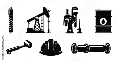 Oil industry equipment and tools icons set. Drilling rig, pumpjack, pipeline, barrel, helmet.