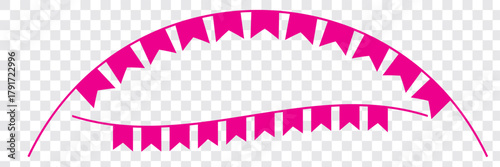 Celebrate hanging triangular garlands. Colorful perspective flags party isolated on white background. Birthday, Christmas, anniversary, and festival fair concept. Vector illustration design Pink Color