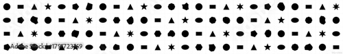 A collection of 100 black geometric shapes arranged in a clean 4×25 grid layout. This minimalist vector pack includes circles, triangles, stars, polygons, rounded rectangles, ellipses, blobs, and abst