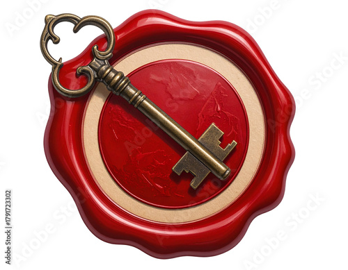 Ornate antique key rests on a red wax seal with embossed map
