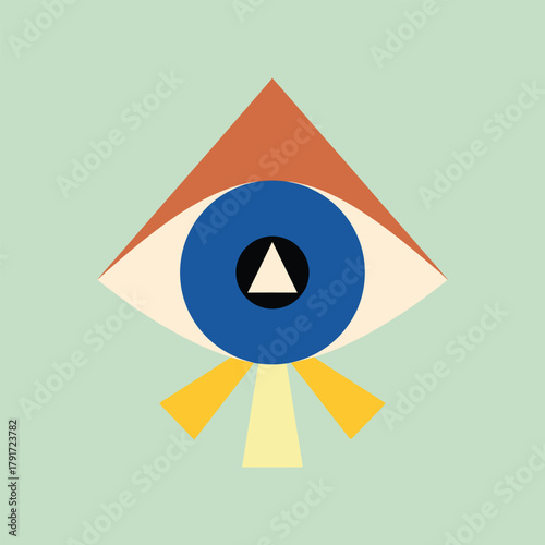 Abstract geometric eye symbol with orange triangle and blue circle on a light green background, representing vision and insight