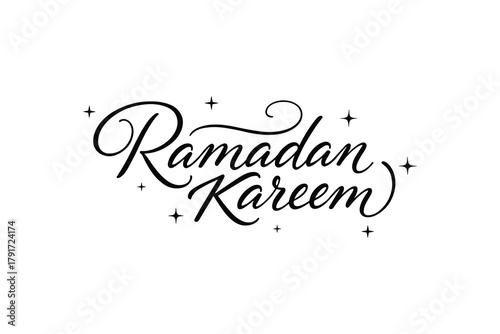 Ramadan kareem calligraphic text with stars, muslim religious holiday greeting lettering on white.
