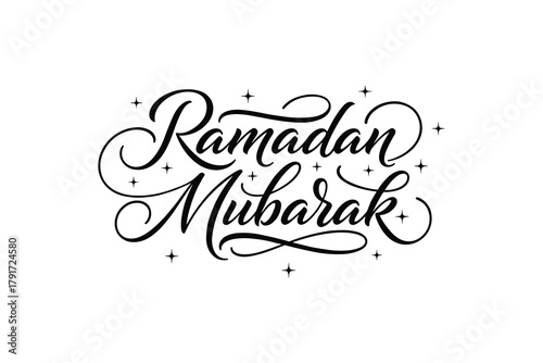 Ramadan mubarak calligraphic text with stars, muslim religious holiday greeting lettering on white.