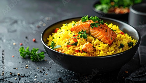 Salmon and rice in black ceramic bowl