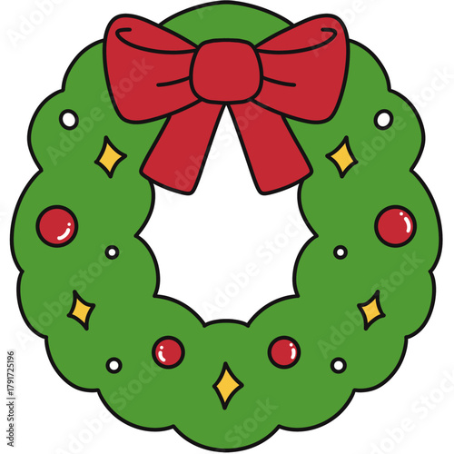 Cartoon Christmas Wreath with Red Ribbon