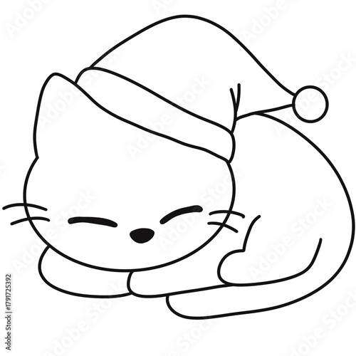 Sleeping Cat Wearing Santa Hat outline