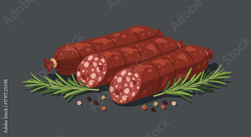 Pixel art illustration of three whole salamis with one cut in half showcasing its cured meat texture and peppercorns on a dark background.