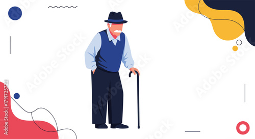 An elderly gentleman stands with his cane while looking thoughtfully into the distance.