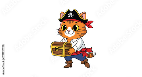 A cute pirate cat carrying a treasure chest full of gold and jewels.