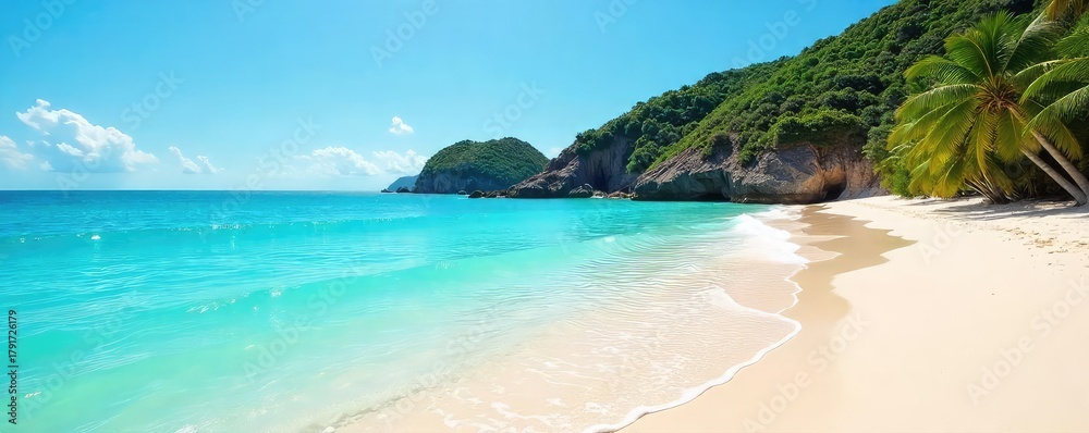 Fototapeta premium Serene turquoise water laps gently against a tranquil beach, ideal for paddleboarding or simply relaxing; sun-drenched sand offers ultimate peace , sunlight, sun, serene