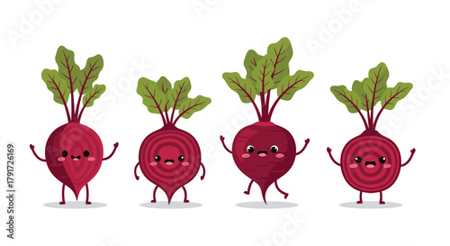 Four adorable cartoon beetroots with green leaves dancing cheerfully on a white background.