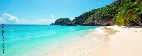 Serene turquoise water laps gently against a tranquil beach, ideal for paddleboarding or simply relaxing; sun-drenched sand offers ultimate peace  , sunlight, sun, serene